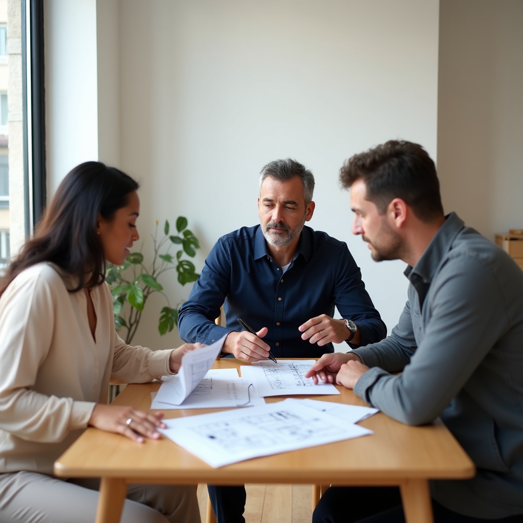 Small group of property co-investors reviewing apartment renovation plans at a table