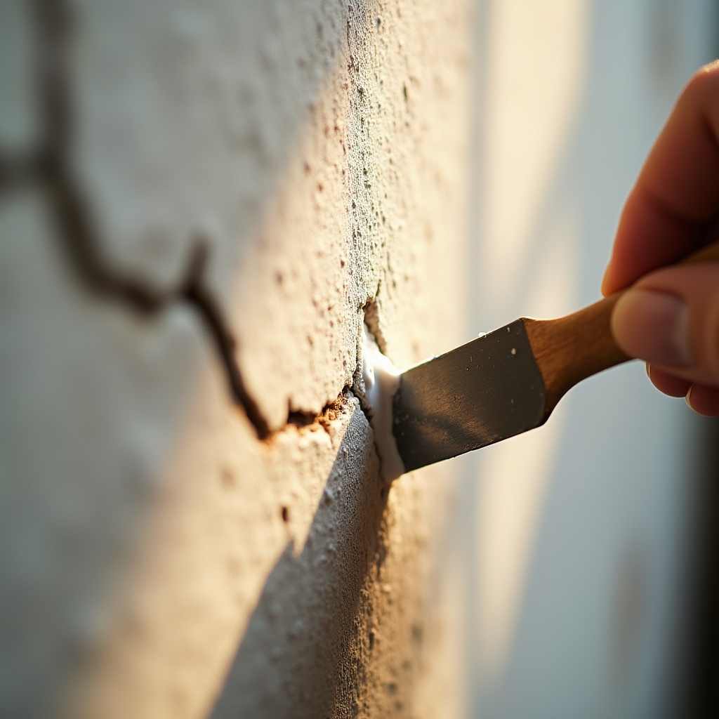 Close-up of wall crack being filled with professional filler compound before sanding