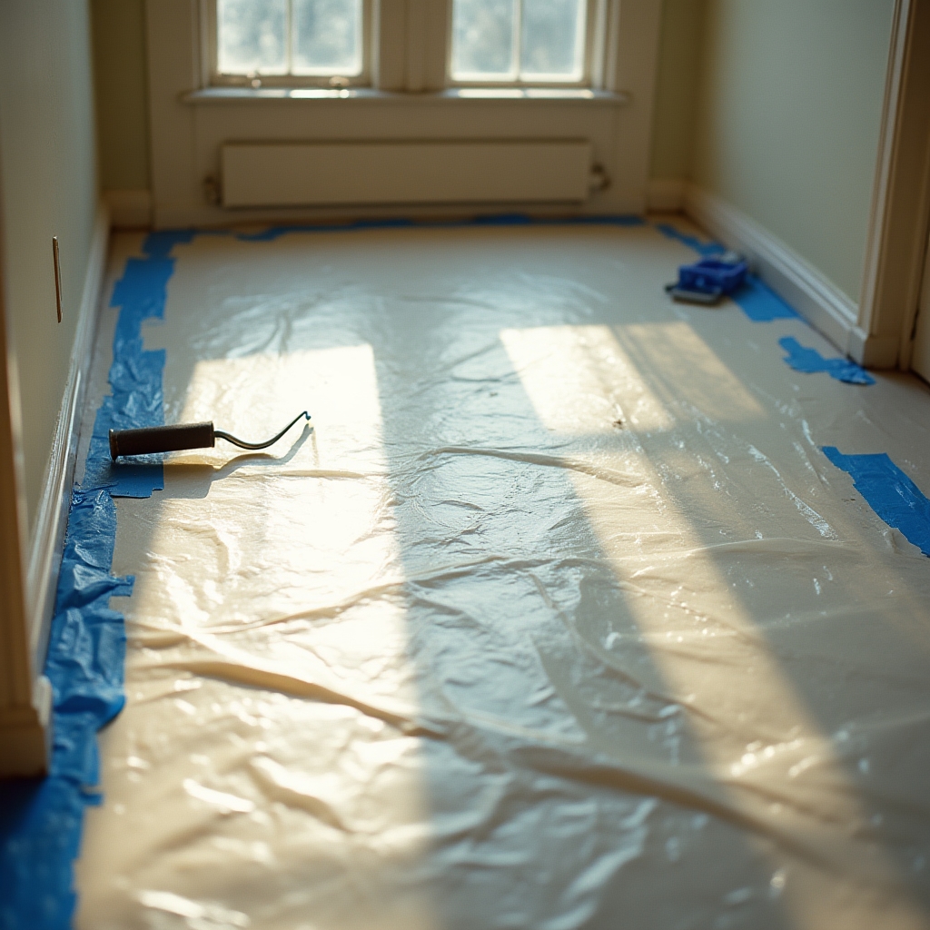Plastic sheeting and drop cloths protecting hardwood floors before painting begins