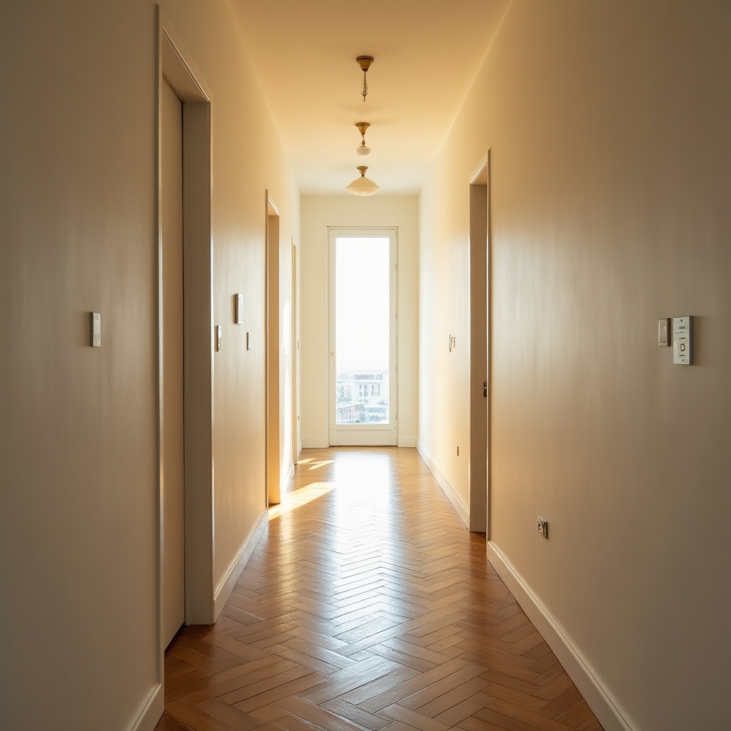 Clean hallway of investment apartment ready for rental with freshly painted walls