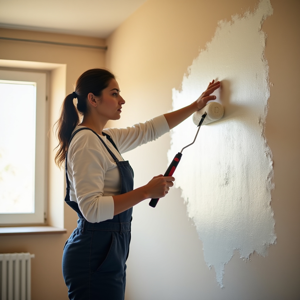 Painter rolling first coat of white interior latex paint onto apartment wall