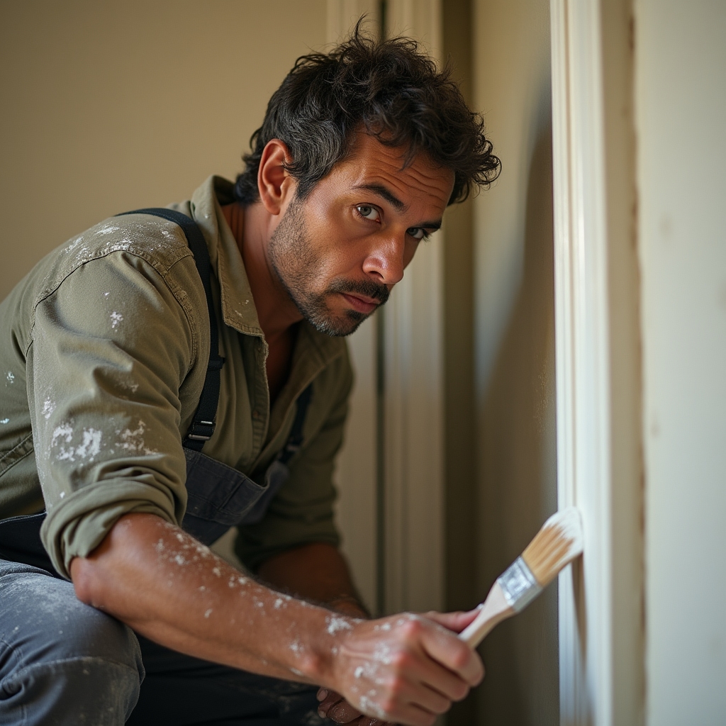 Painter applying enamel coat to door frame with professional brush technique