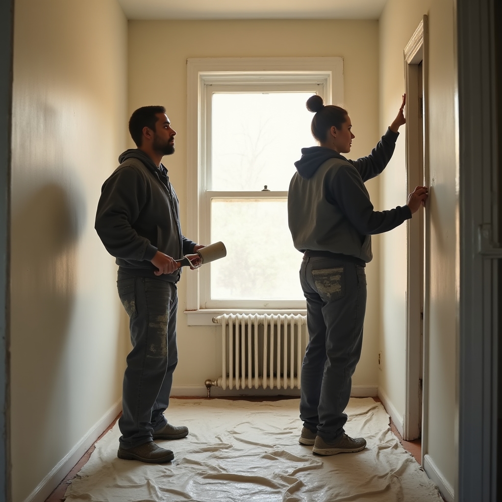 Two-person painting crew working efficiently in apartment with professional equipment and protection setup