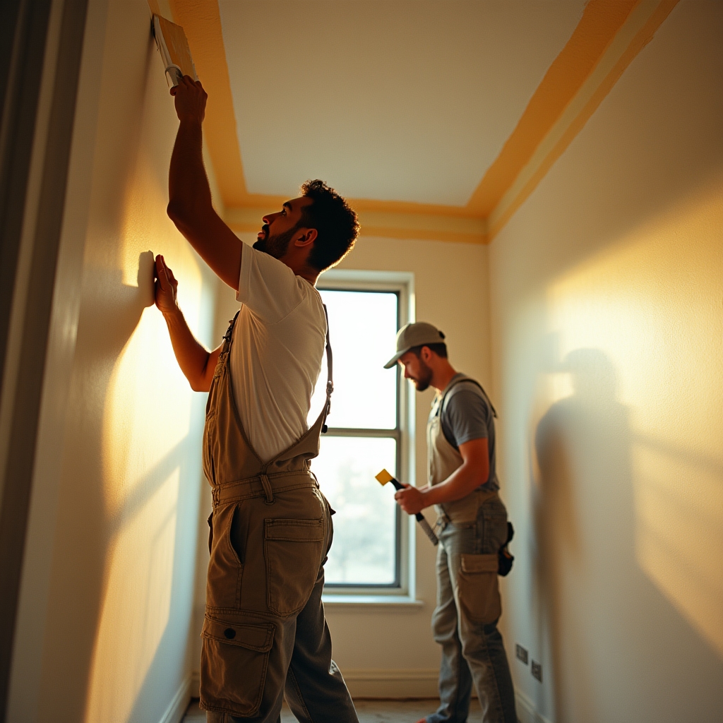 Two professional painters working in parallel in apartment, one rolling walls, one preparing fixtures